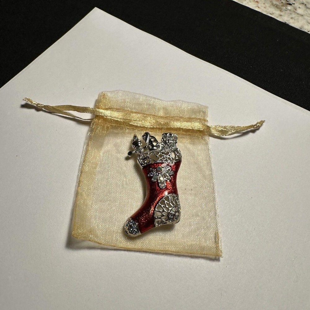 Christmas Holiday Stocking Red Enamel Silver Tone Brooch Pin NWOT